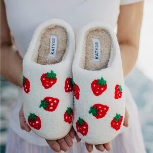 Katydid White Slippers with Red Strawberry Design